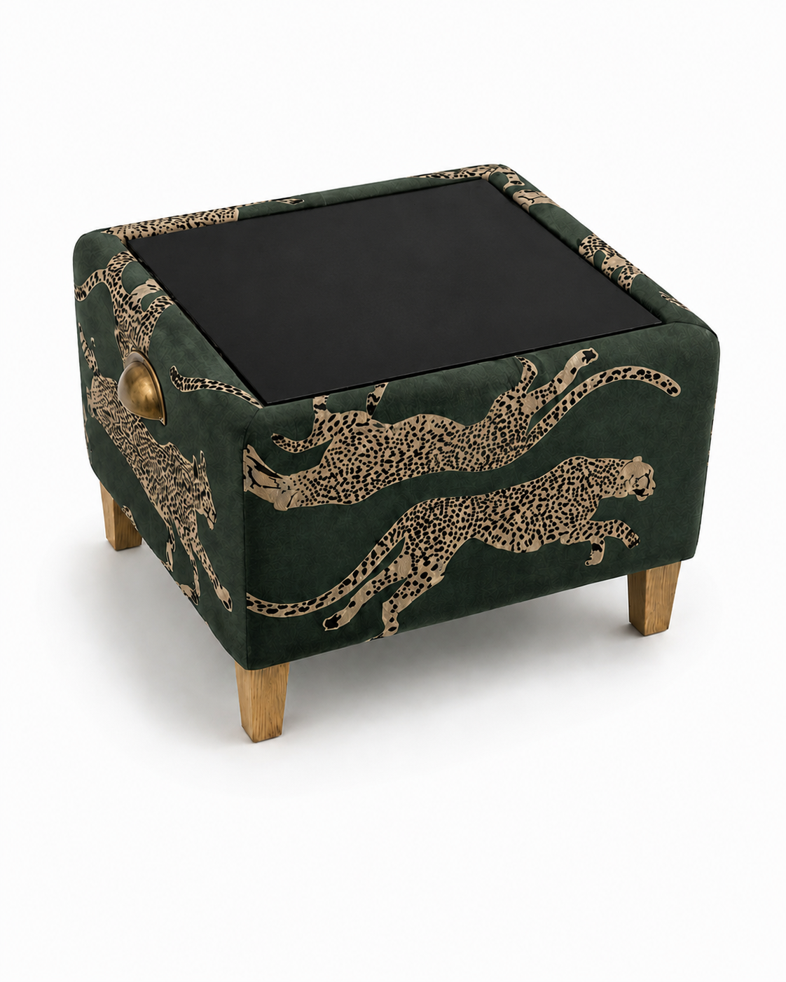 The Bespoke PP Original — a tufted footstool in a playful patterned fabric with a dark oak rotating top