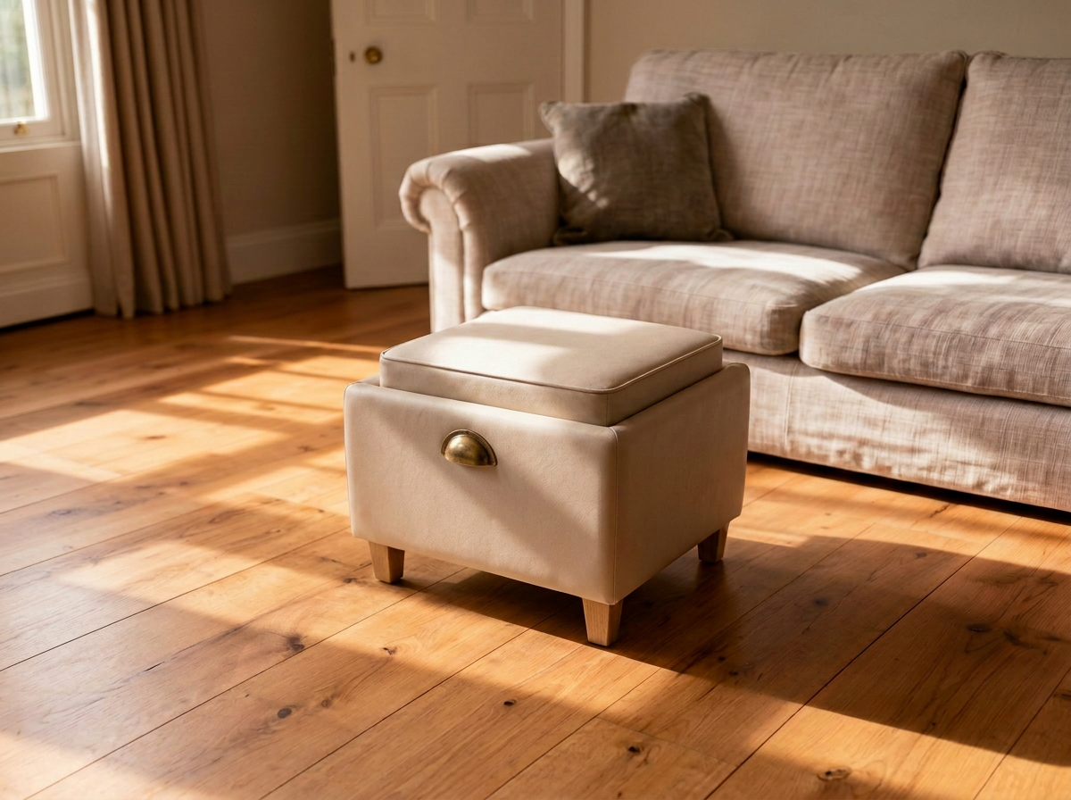A Pappa Pouffe footstool in a sunlit living room, cushion side up, ready for feet up