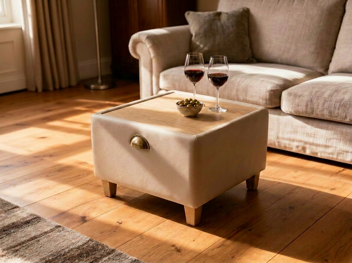 The same Pappa Pouffe flipped to its light oak tabletop, with two glasses of red wine and a bowl of olives