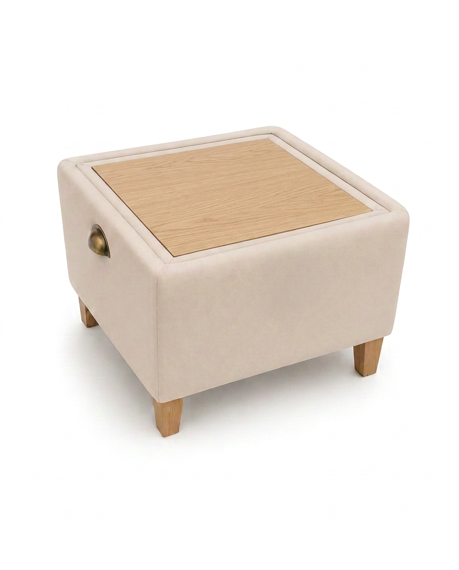 The PP Original — a square tufted footstool in clay linen with a dark oak rotating top