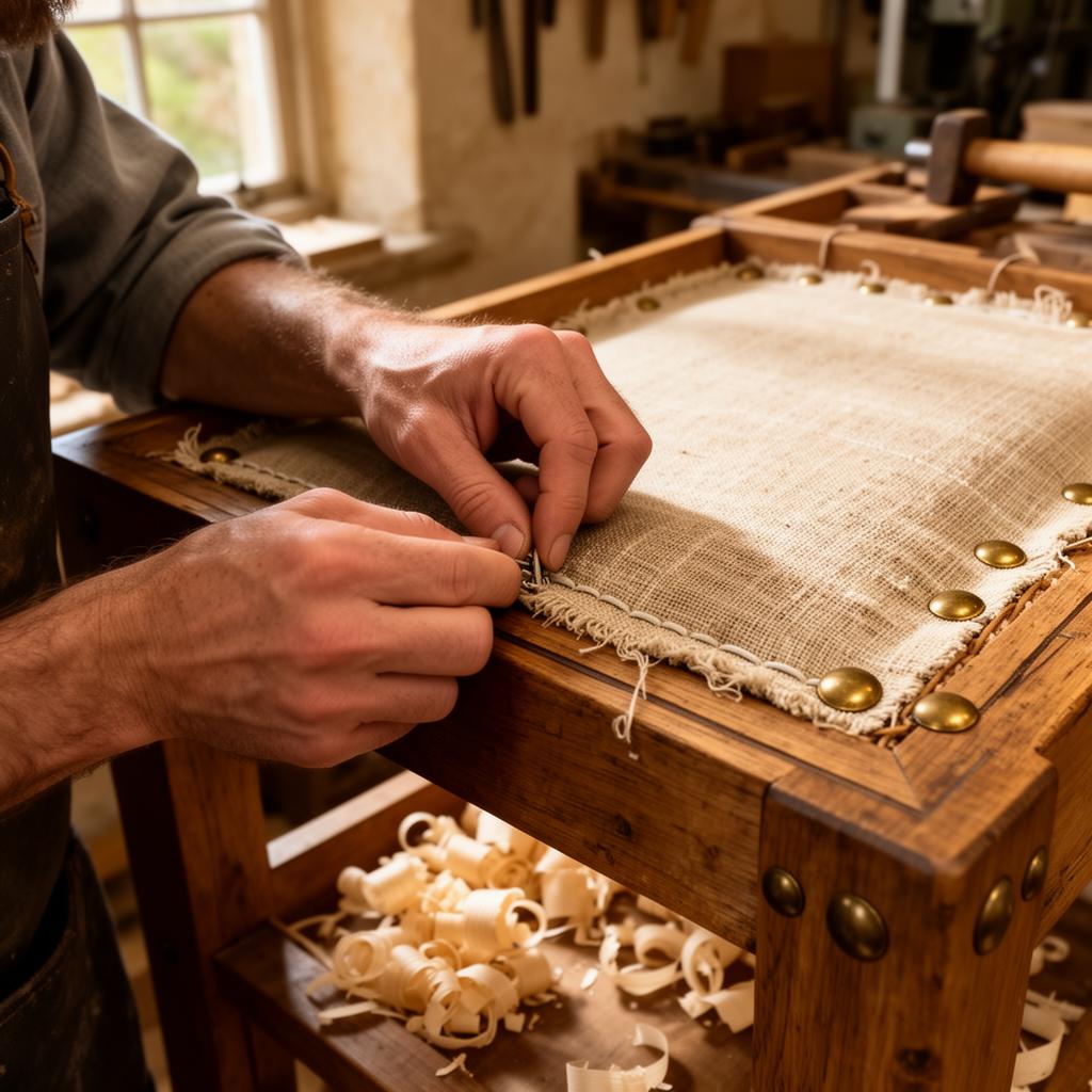 A craftsman hand-stitching linen onto a solid oak frame in the Cotswolds workshop